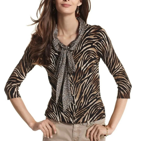 WHBM | Tiger Print 3/4 Sleeve Snap Front Cardigan Size XS - Picture 1 of 8